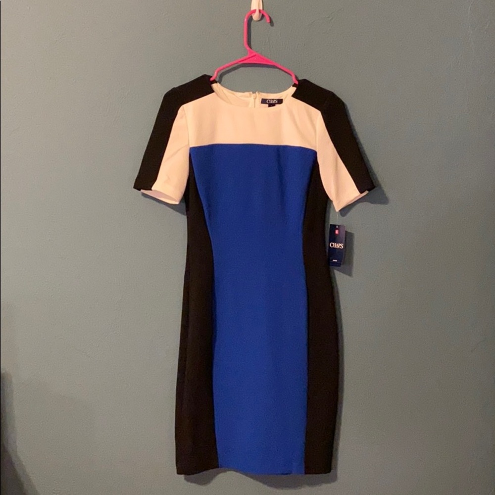 Chaps Form-fitting Black White and Blue Dress
